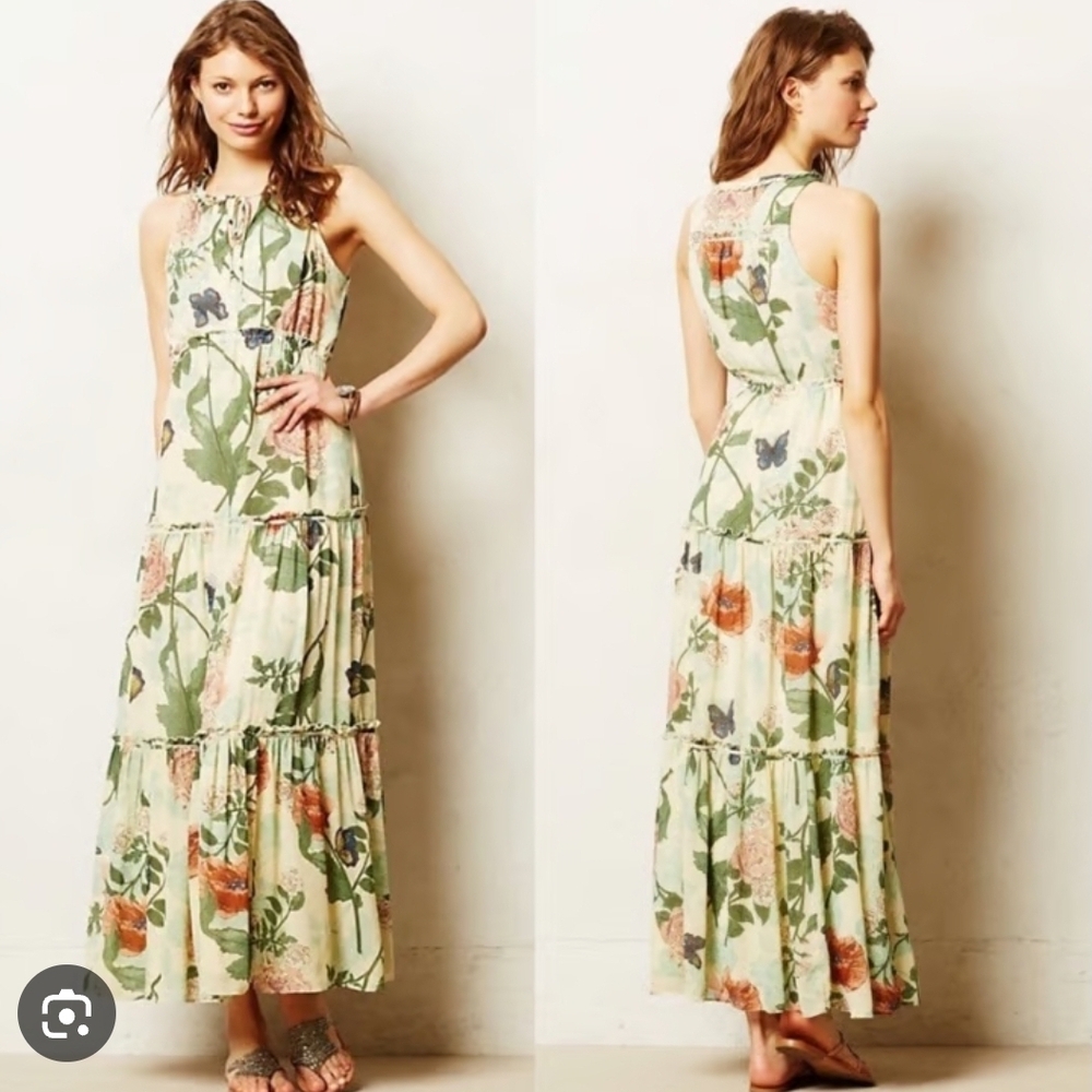 Maeve Floral Maxi Dress in Cream with Green and Orange Print